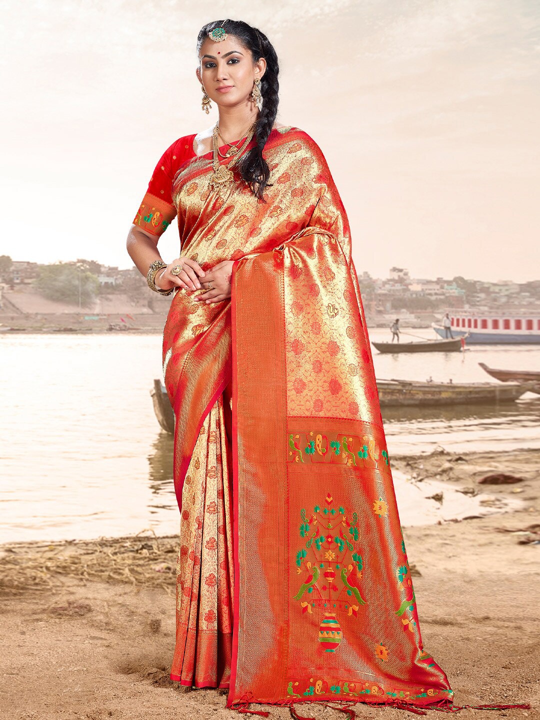 

Mitera Red & Green Woven Design Zari Pure Silk Saree