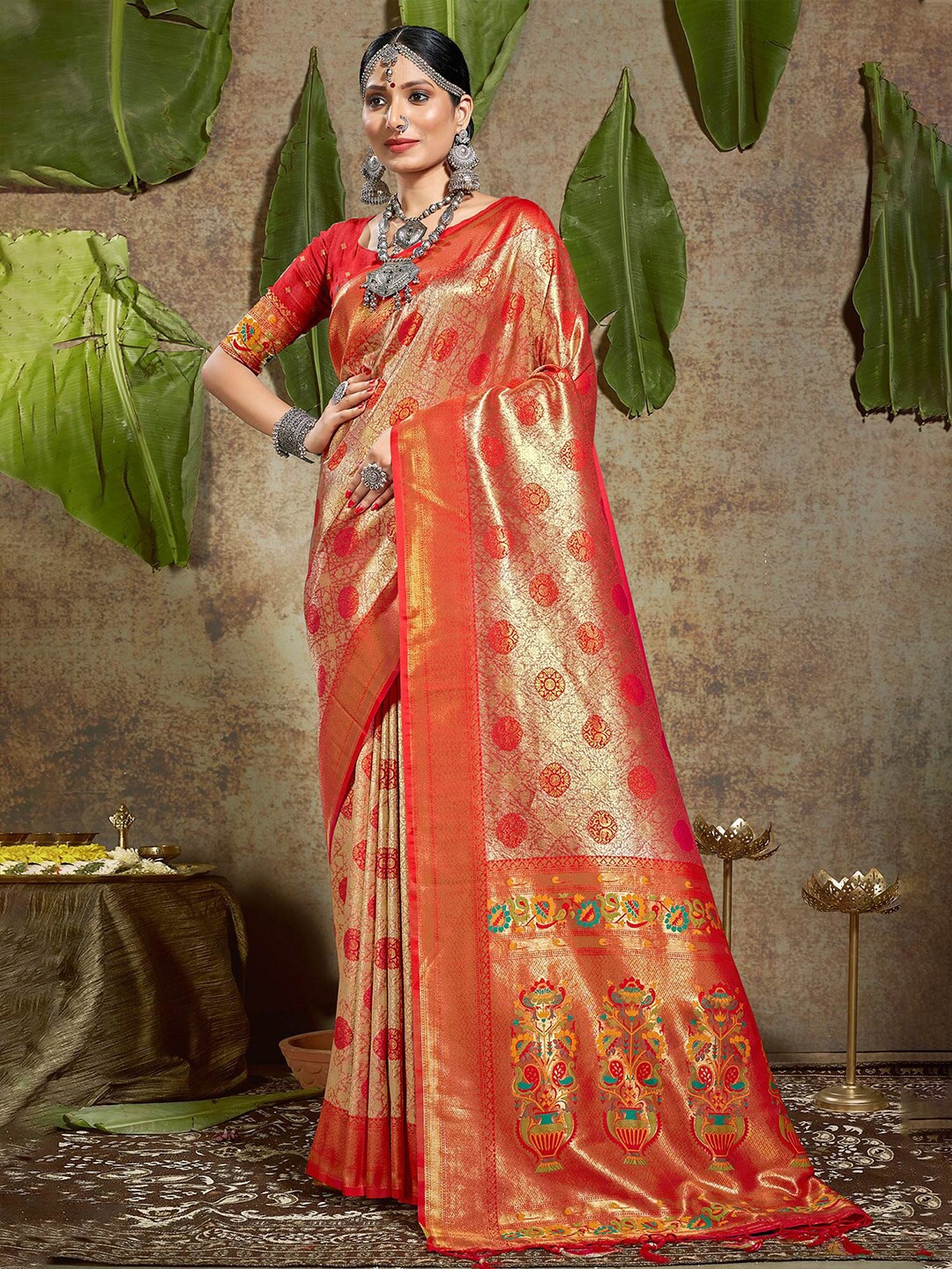 

Mitera Orange & Gold-Toned Ethnic Motifs Woven Design Zari Pure Silk Saree
