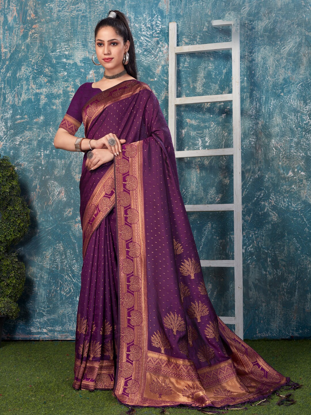 

Mitera Purple & Gold-Toned Ethnic Motifs Woven Design Zari Pure Silk Banarasi Saree
