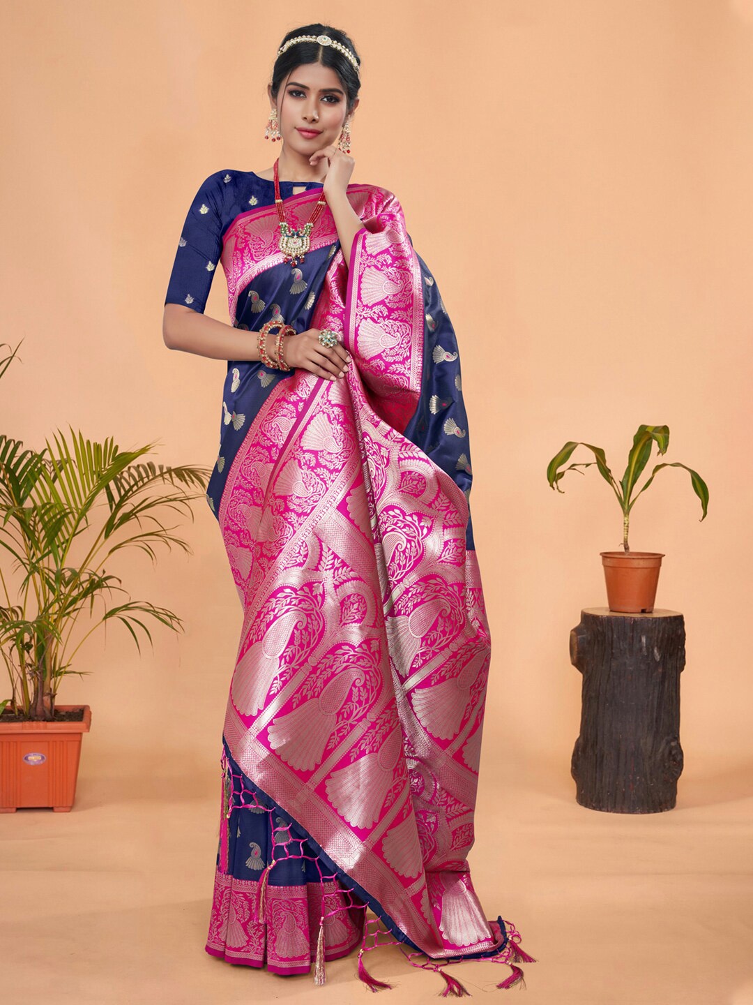 

Mitera Navy Blue & Pink Ethnic Motifs Woven Design Zari Pure Silk Banarasi Saree