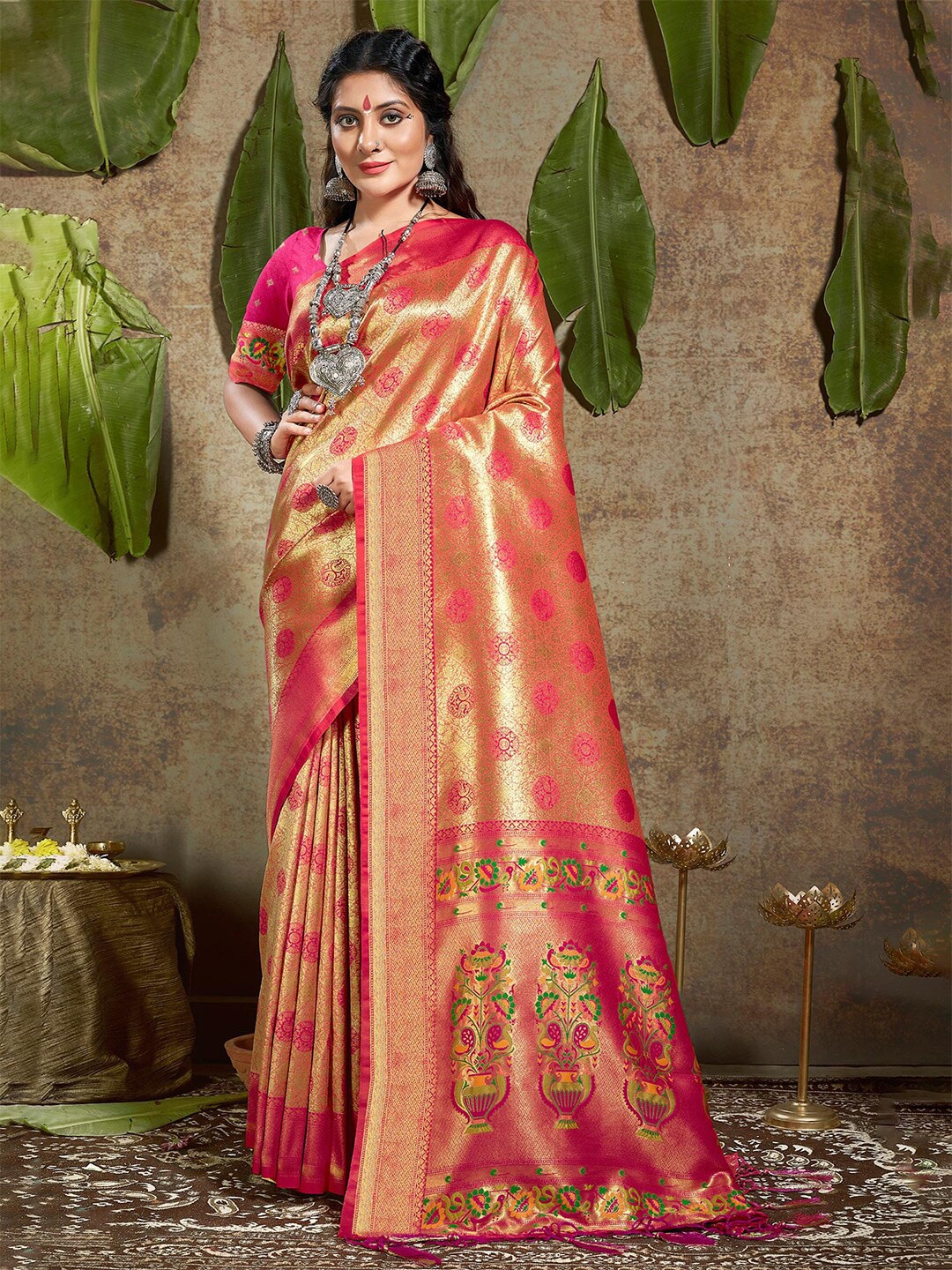

Mitera Pink & Gold-Toned Woven Design Zari Pure Silk Saree