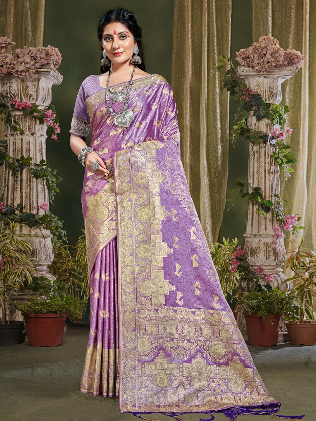 

Mitera Purple & Gold-Toned Ethnic Motifs Woven Design Zari Pure Silk Banarasi Saree