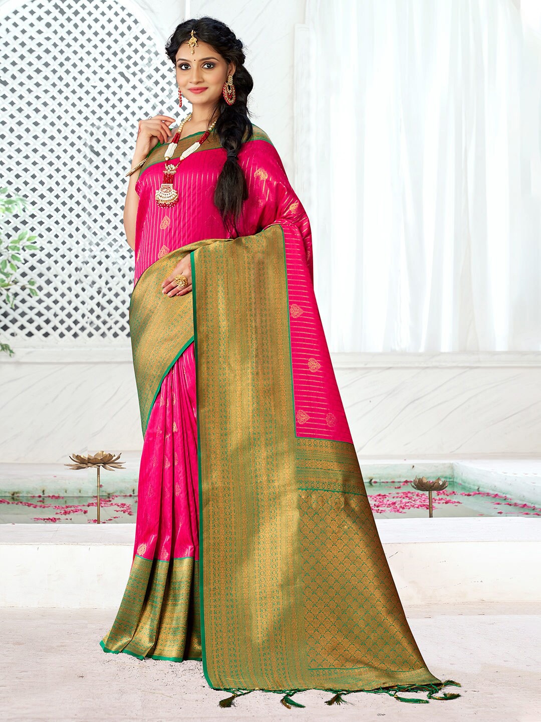 

Mitera Ethnic Motifs Woven Design Zari Silk Blend Saree, Pink