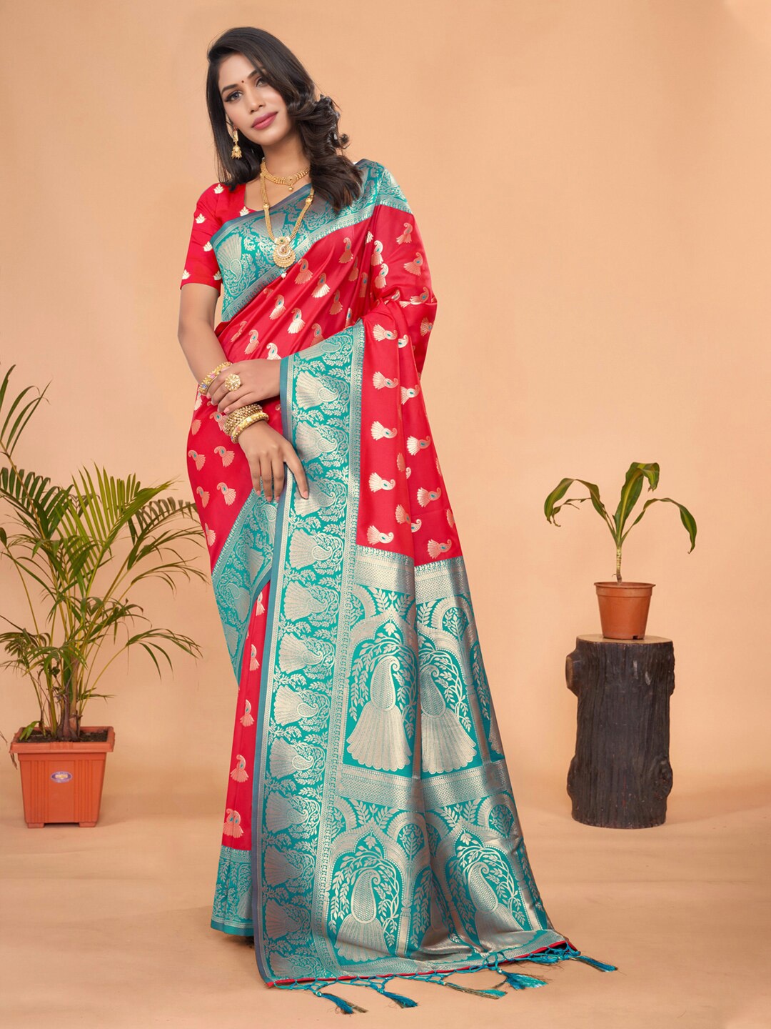 

Mitera Red & Blue Ethnic Motifs Woven Design Zari Pure Silk Banarasi Saree