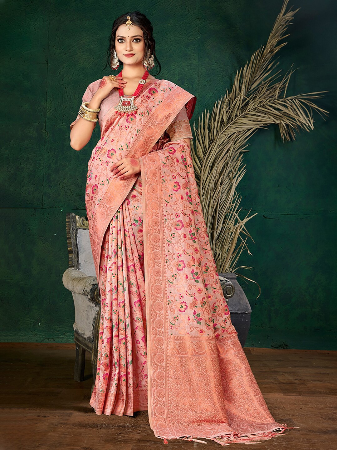

Mitera Floral Woven Design Zari Silk Blend Saree, Pink