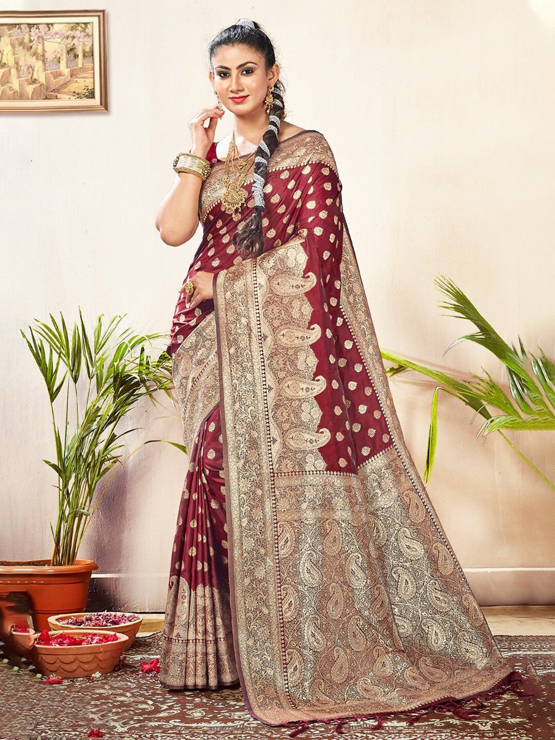 

Mitera Ethnic Motifs Woven Design Zari Silk Blend Saree, Maroon