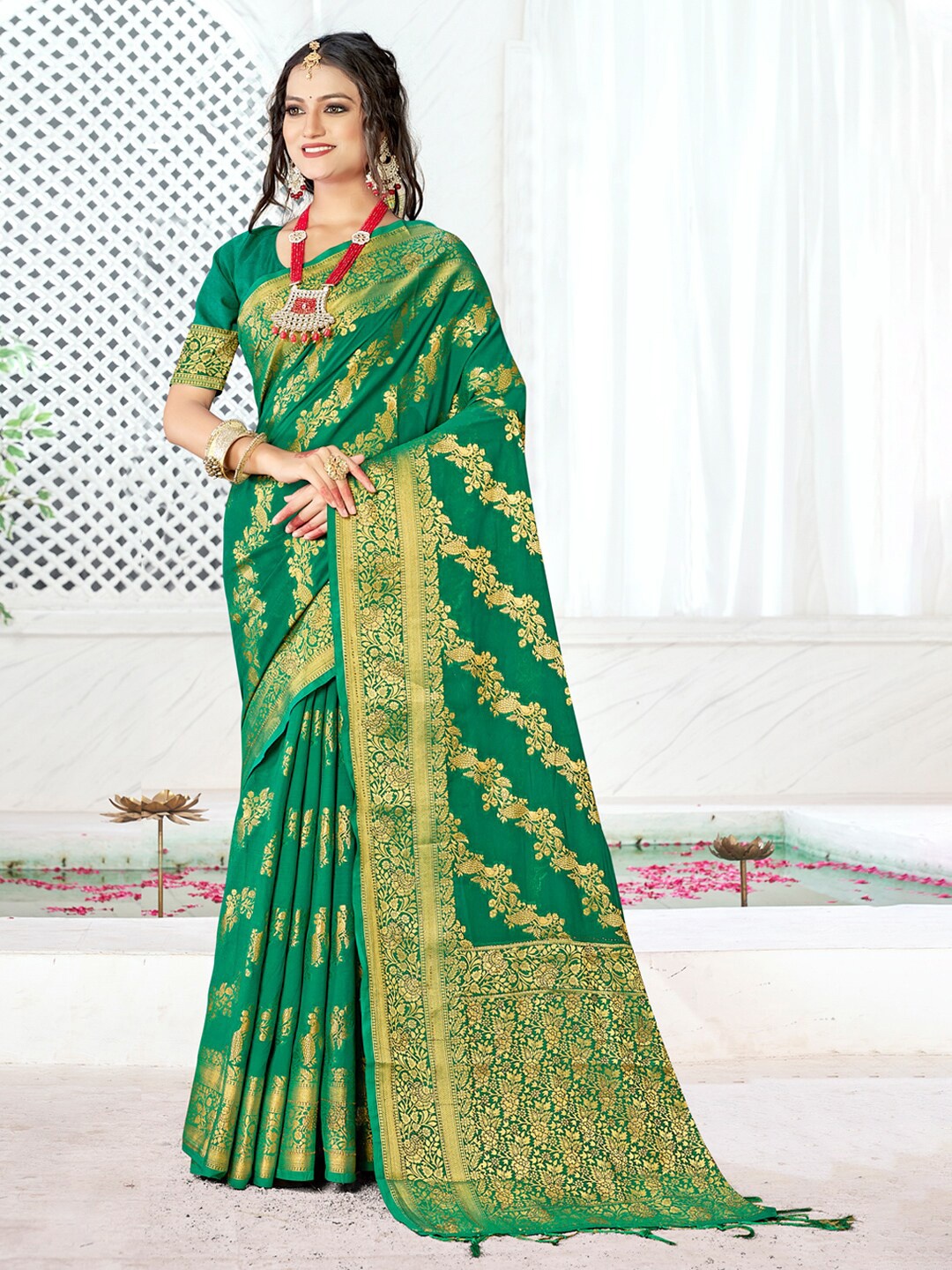 

Mitera Ethnic Motifs Woven Design Zari Silk Blend Saree, Green