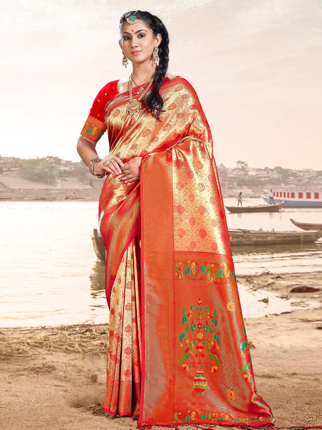 

Mitera Pink & Red Ethnic Motifs Woven Design Zari Pure Silk Saree