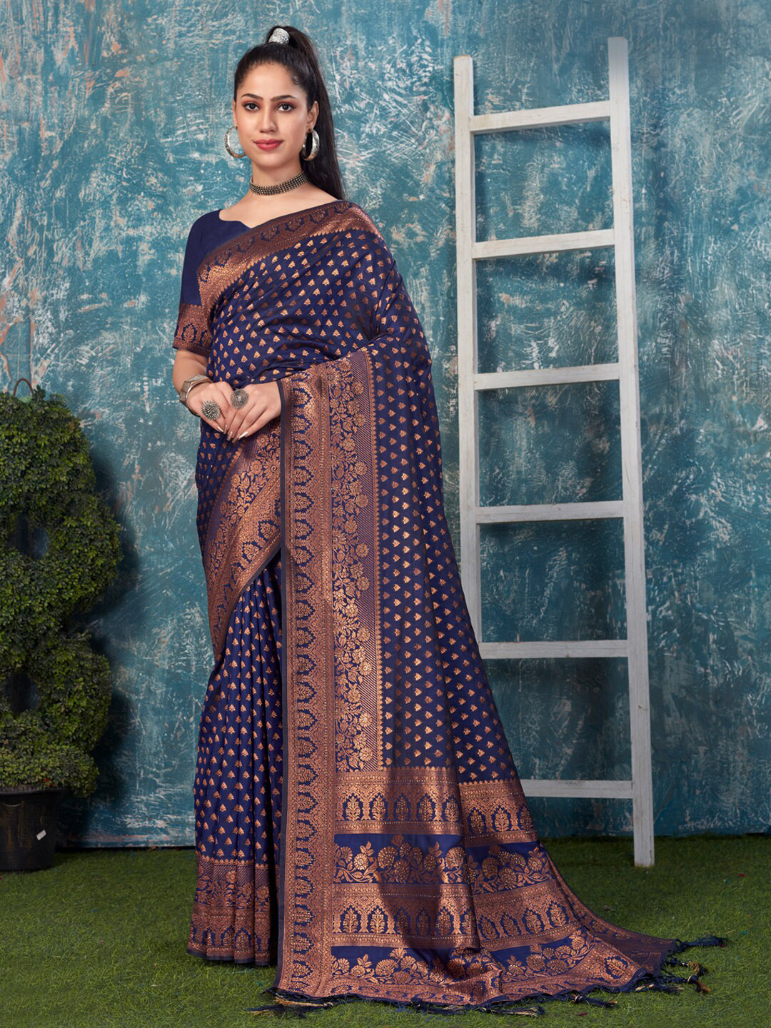

Mitera Blue & Gold-Toned Ethnic Motifs Woven Design Zari Pure Silk Banarasi Saree