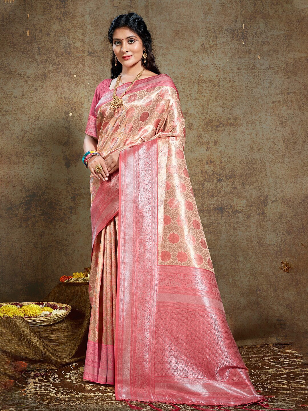 

Mitera Peach & Gold-Toned Ethnic Motifs Woven Design Zari Pure Silk Kanjeevaram Saree