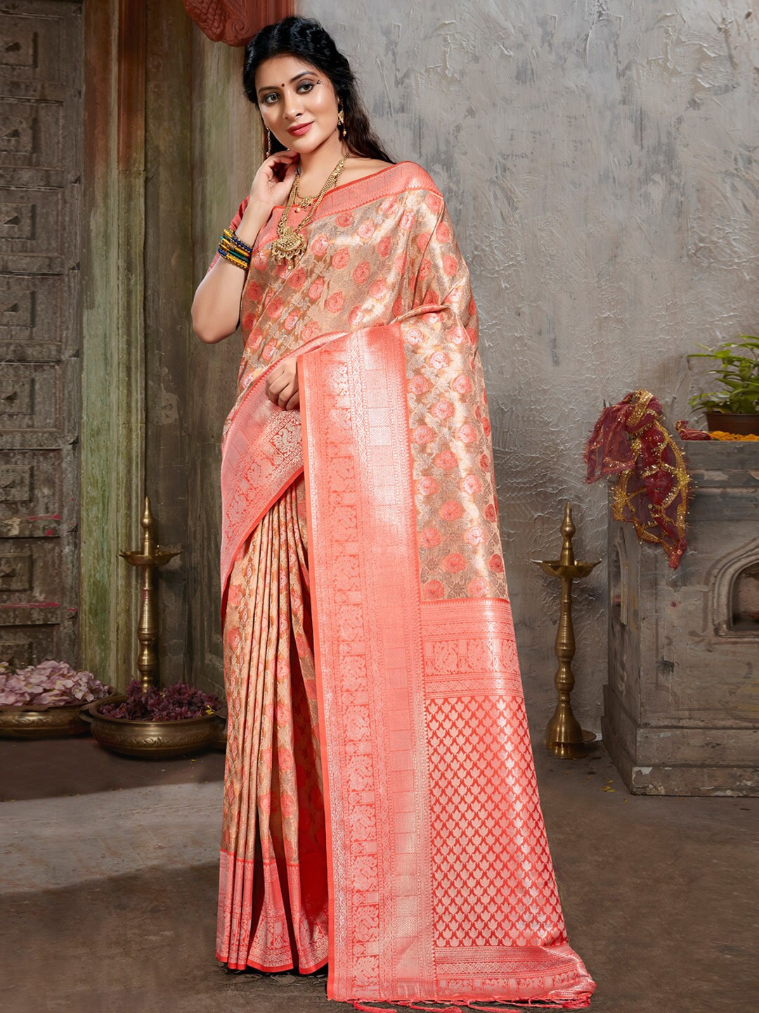 

Mitera Ethnic Motifs Woven Design Zari Silk Blend Saree, Peach