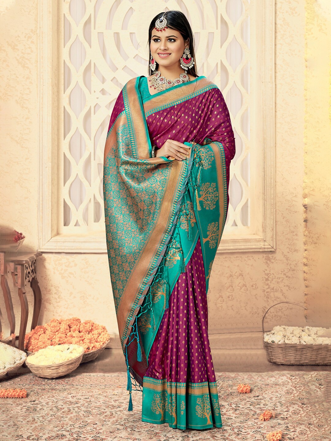 

Mitera Ethnic Motifs Woven Design Zari Silk Blend Saree, Purple