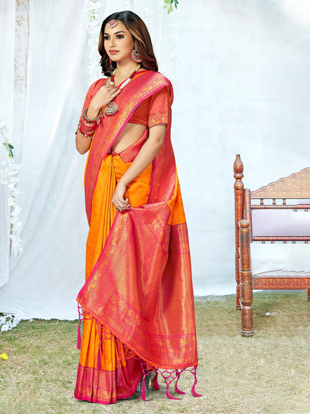 

Mitera Ethnic Motifs Woven Design Zari Silk Blend Saree, Yellow