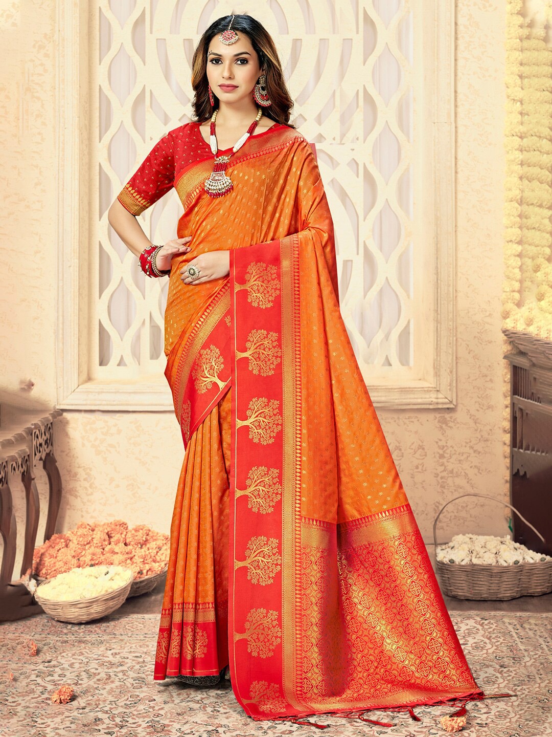 

Mitera Yellow & Red Ethnic Motifs Woven Design Zari Saree