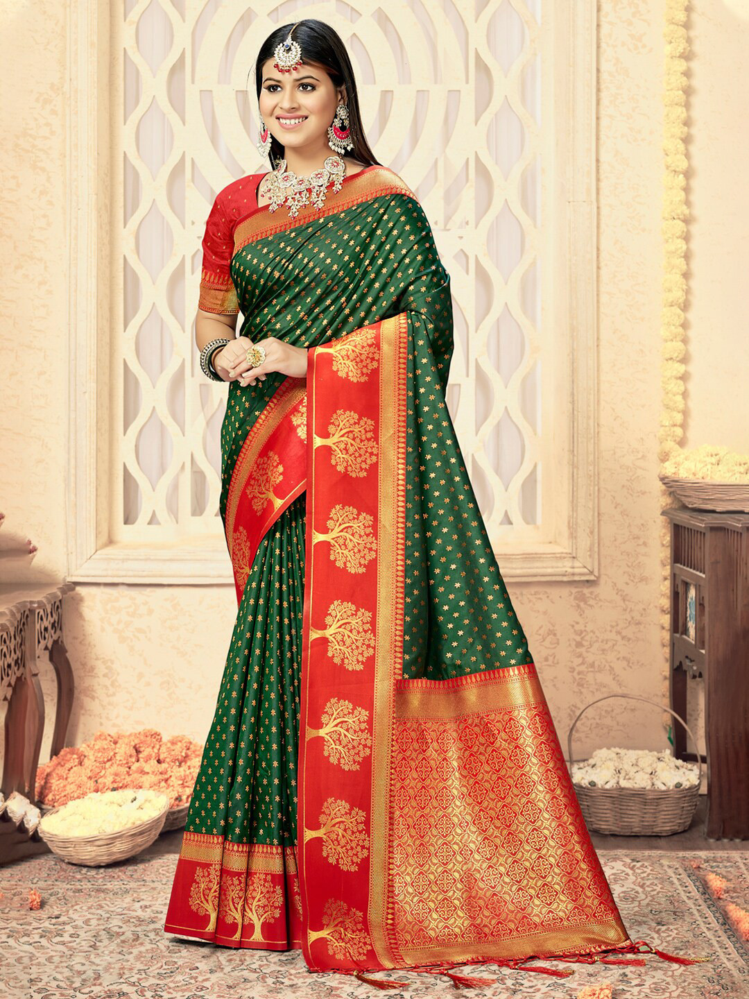 

Mitera Green & Red Ethnic Motifs Woven Design Zari Silk Blend Saree