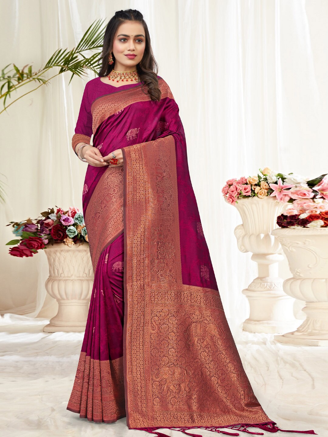 

Mitera Purple & Gold-Toned Ethnic Motifs Woven Design Zari Pure Silk Banarasi Saree