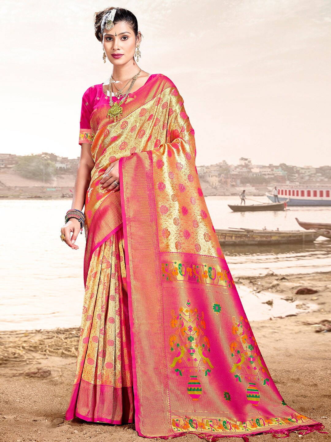 

Mitera Pink & Gold-Toned Ethnic Motifs Woven Design Zari Pure Silk Saree