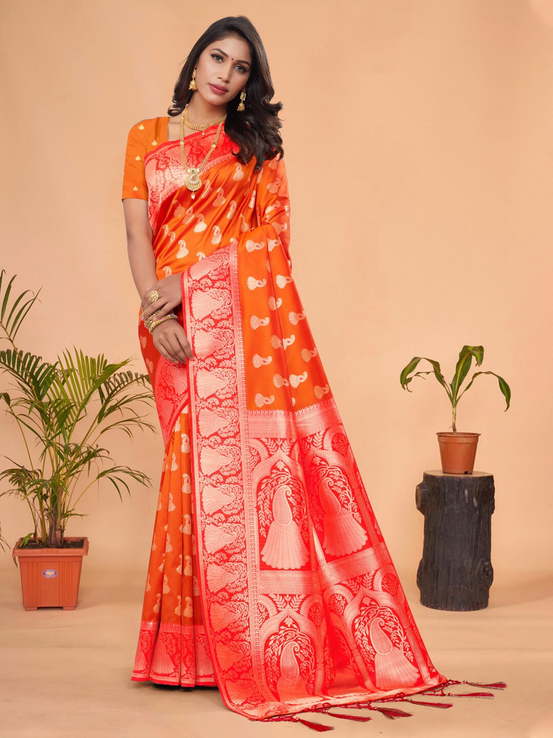 

Mitera Orange & Gold-Toned Paisley Woven Design Zari Pure Silk Banarasi Saree
