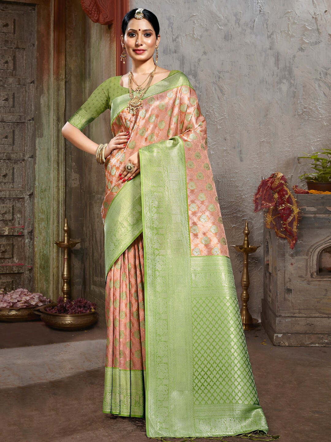 

Mitera Green & Pink Ethnic Woven Design Zari Silk Blend Saree