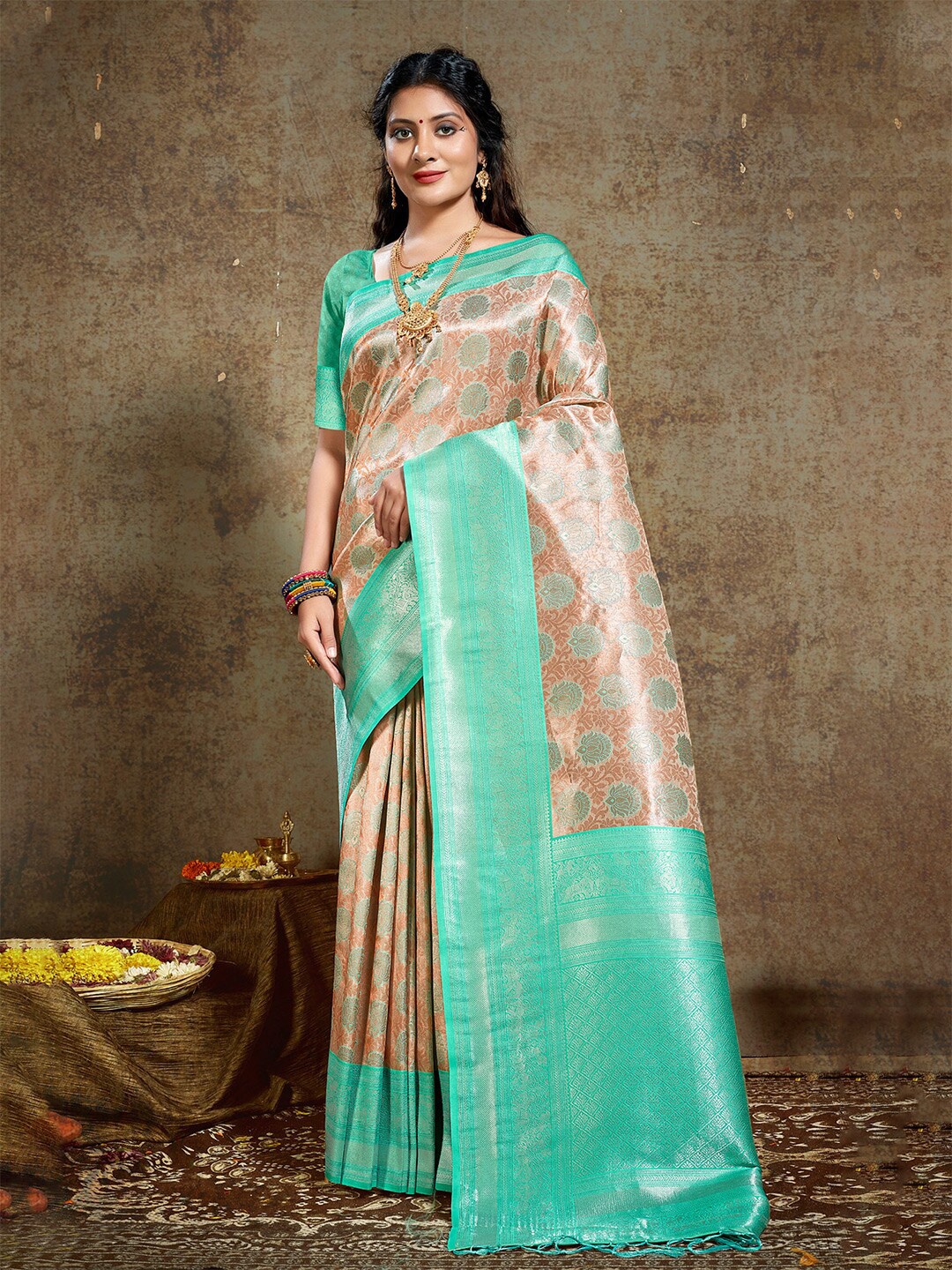 

Mitera Ethnic Motifs Woven Design Zari Pure Silk Kanjeevaram Saree, Green