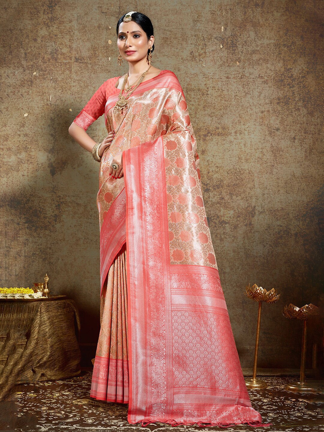 

Mitera Pink & Beige Ethnic Motifs Woven Design Zari Pure Silk Kanjeevaram Saree