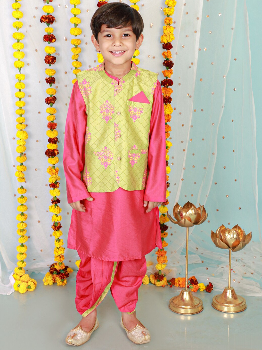 

KID1 Boys Mandrain Collar Long Sleeve Silk Blend Kurta Set With Nehru Jacket, Pink