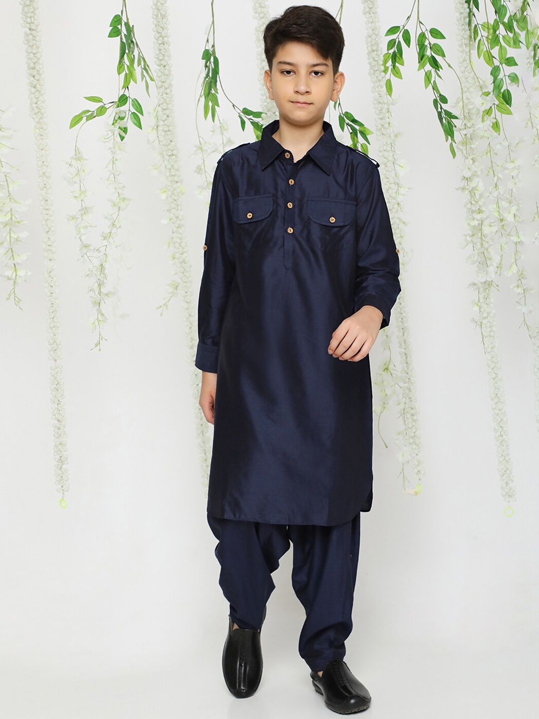 

KID1 Boys Shirt Collar Pathani Kurta With Salwar, Navy blue