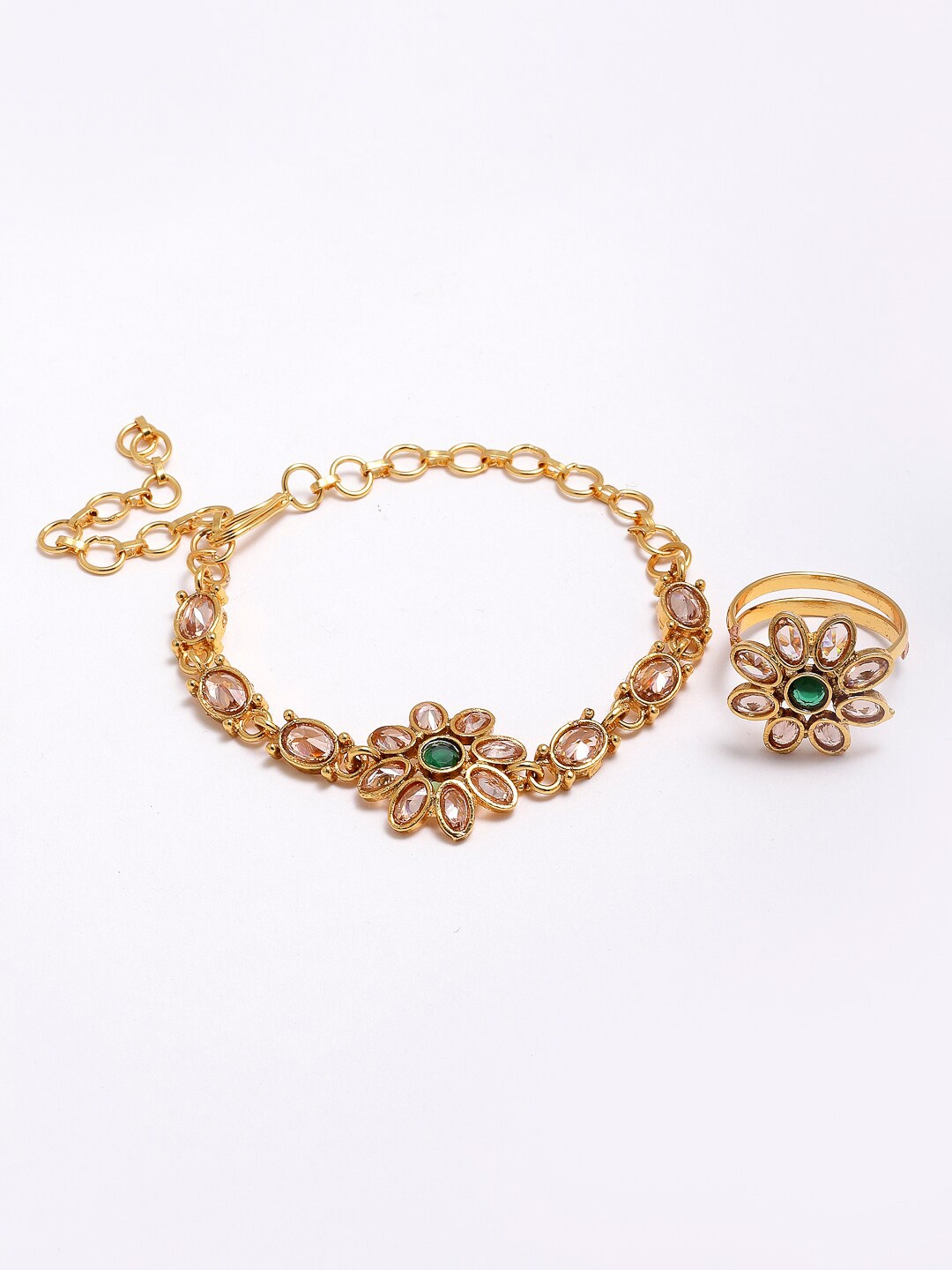 

Anouk Gold-Plated American Diamond Studded Charm Bracelet with Ring, Green