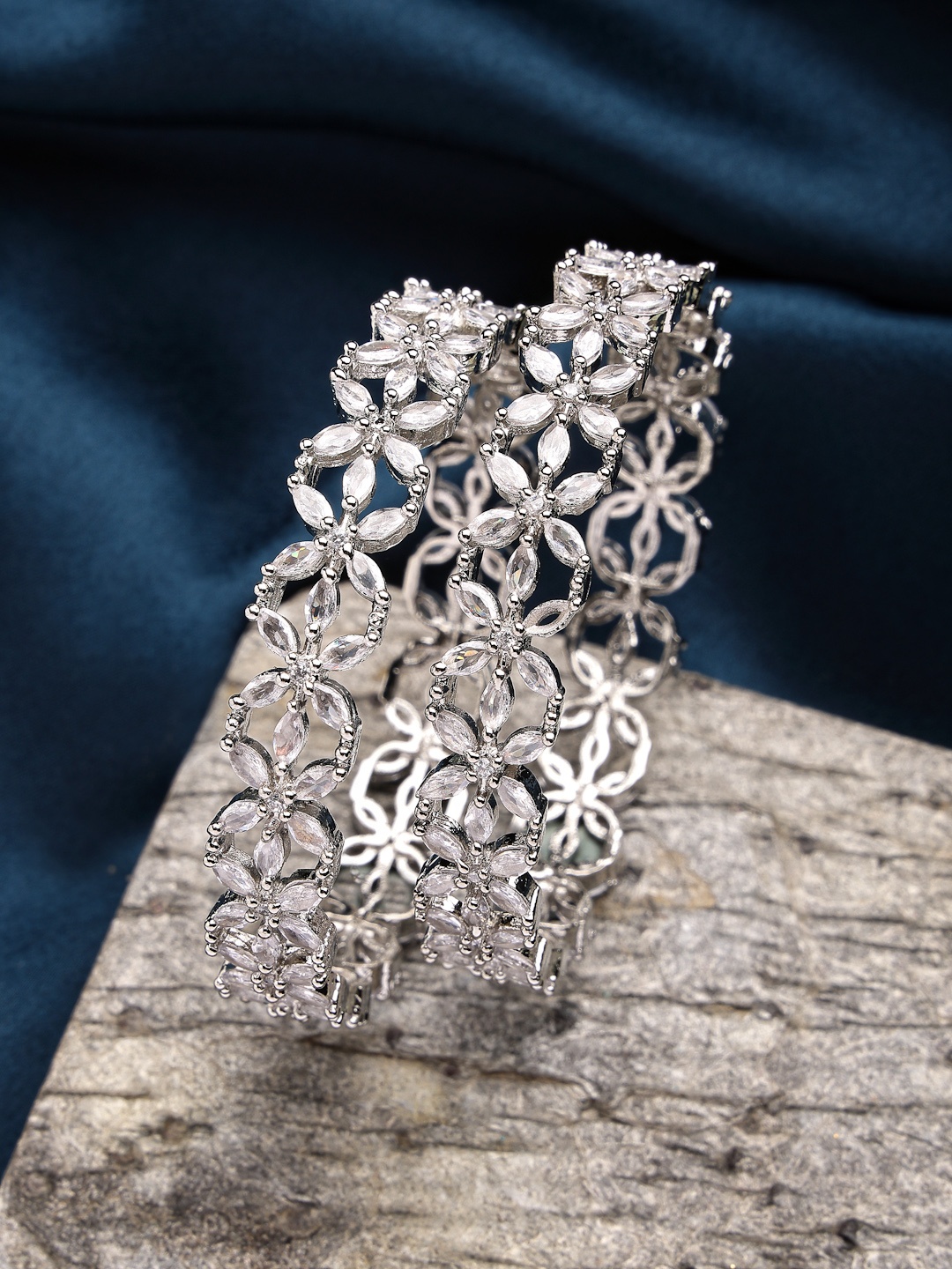 

Anouk Set of 2 Rhodium-plated American Diamond Studded Bangles, Silver