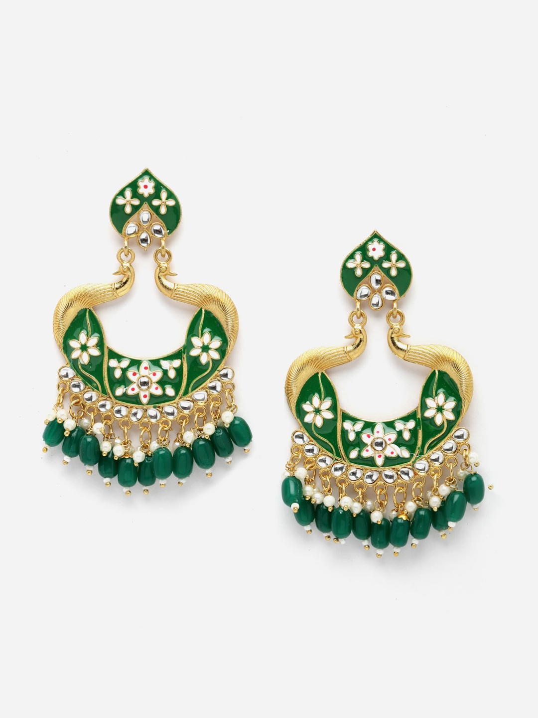 

Anouk Gold-Plated Peacock Shaped Kundan Studded & Beaded Chandbalis