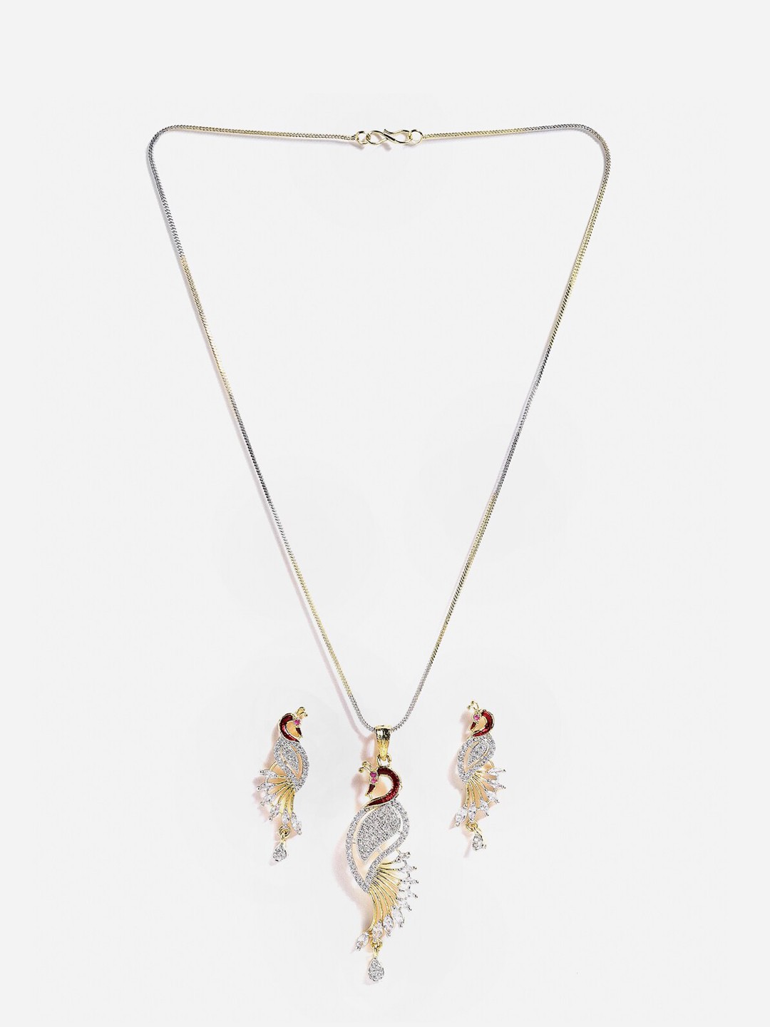

Anouk Gold-Plated AD-Studded Peacock Shaped Pendant With Chain & Earrings