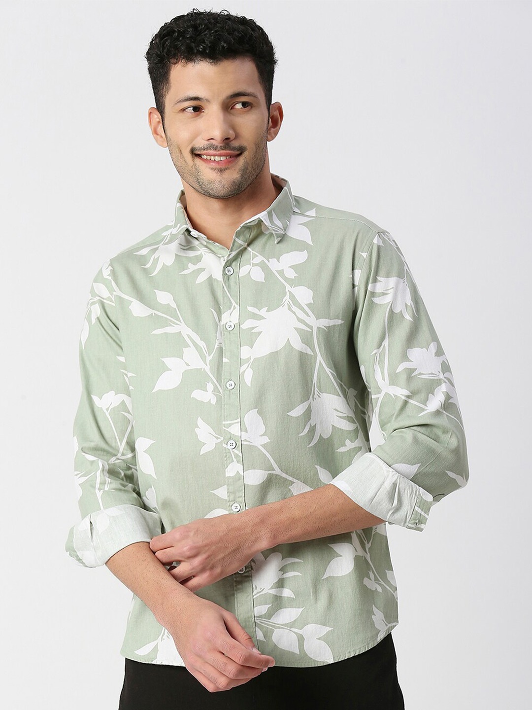 

SNX Tailored Fit Floral Printed Pure Cotton Casual Shirt, Green