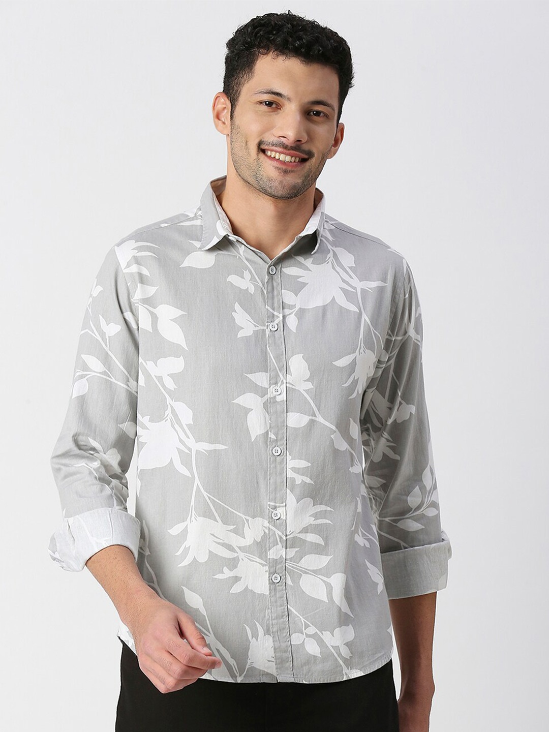 

SNX Tailored Fit Floral Printed Pure Cotton Casual Shirt, Grey