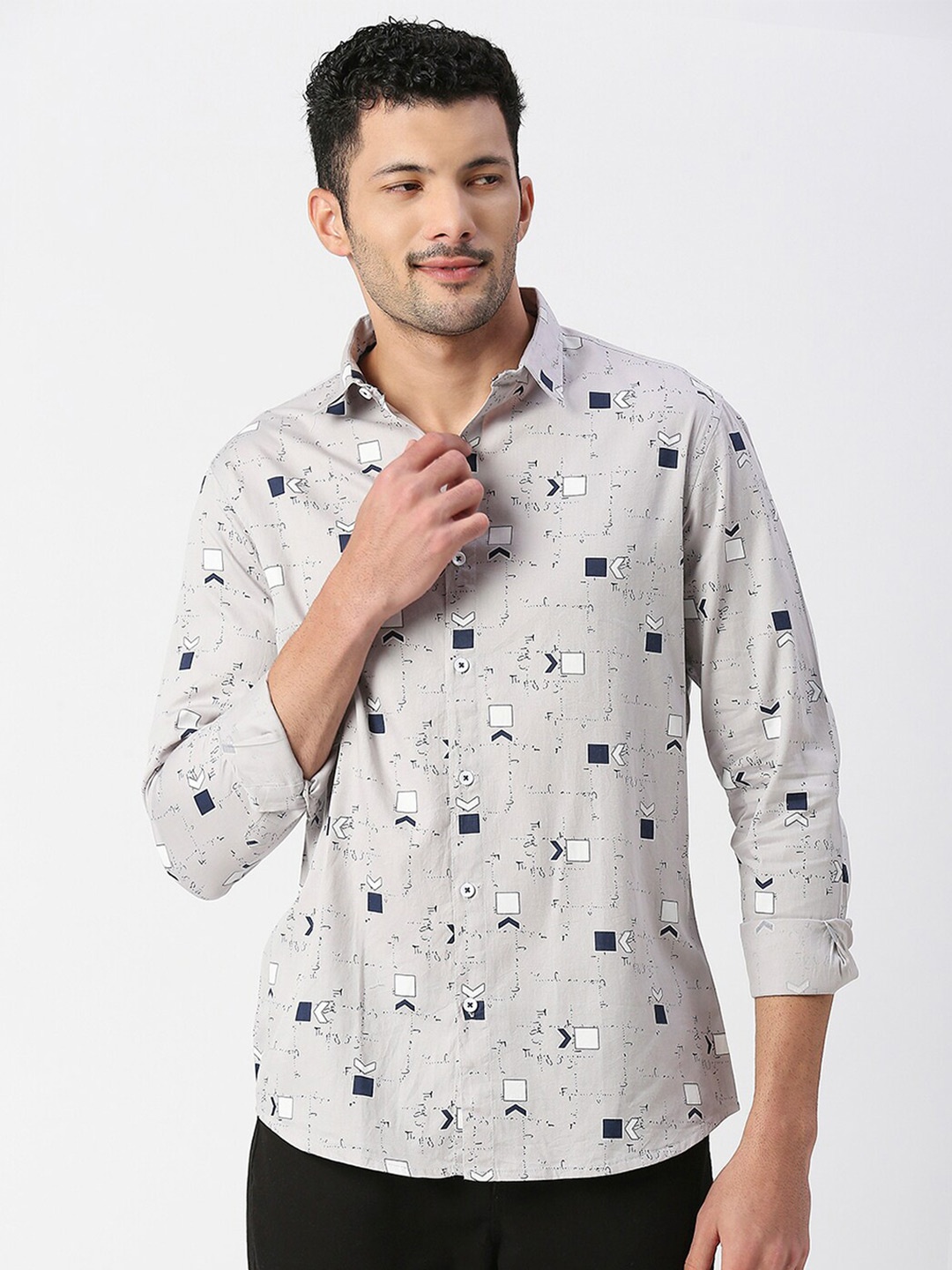 

SNX Tailored Fit Geometric Printed Pure Cotton Casual Shirt, Grey