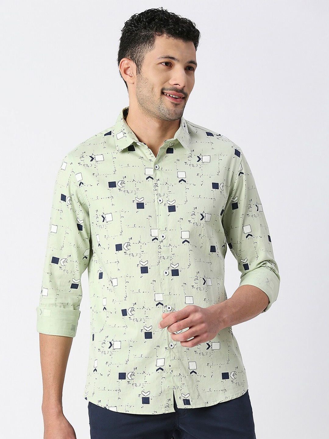 

SNX Tailored Fit Geometric Printed Pure Cotton Casual Shirt, Green