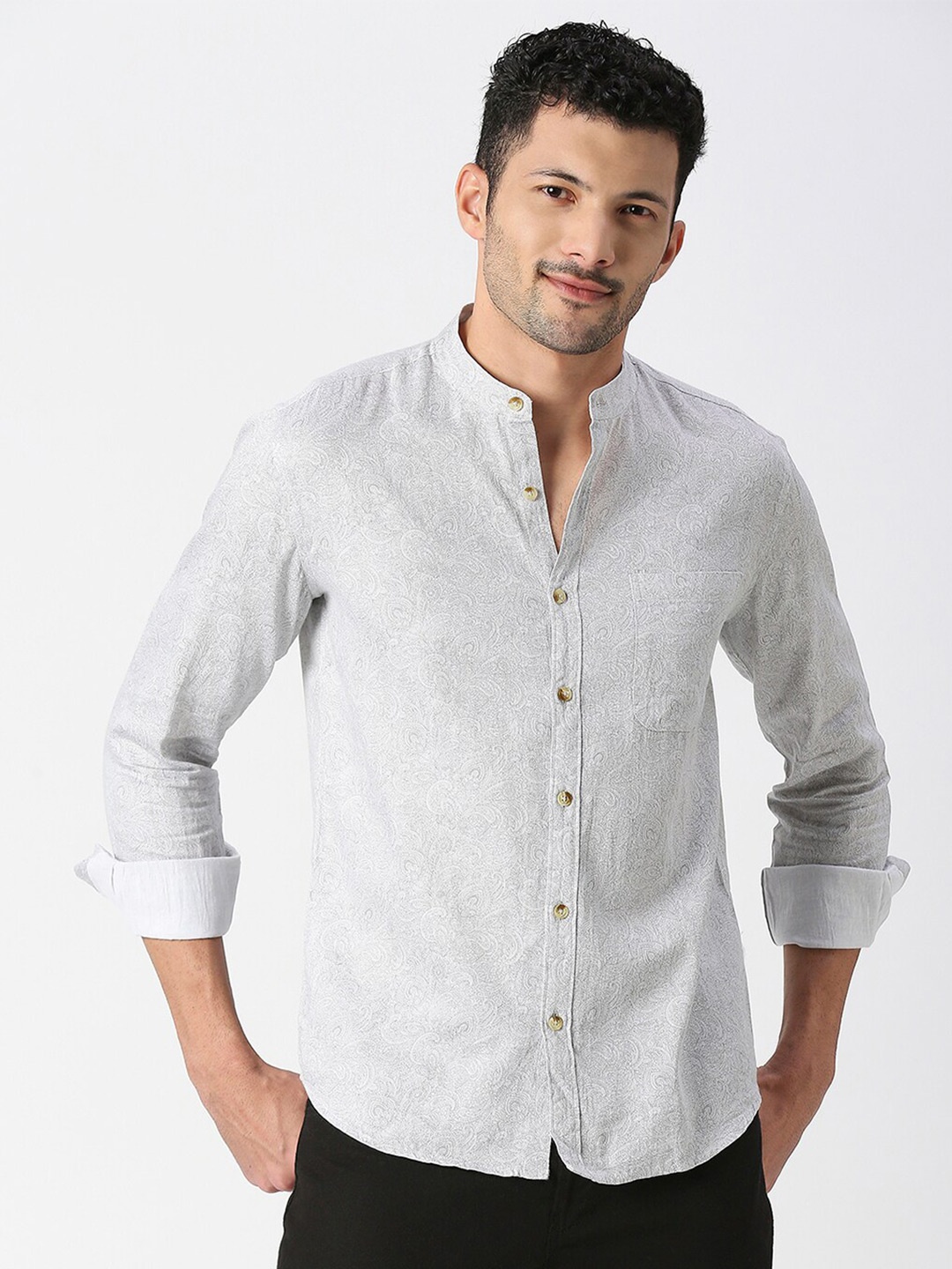 

SNX Tailored Fit Band Collar Pure Cotton Casual Shirt, Grey