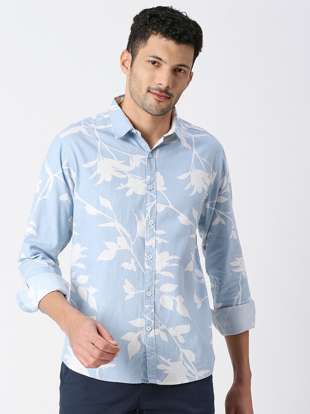 SNX Tailored Fit Floral Printed Pure Cotton Casual Shirt, Blue