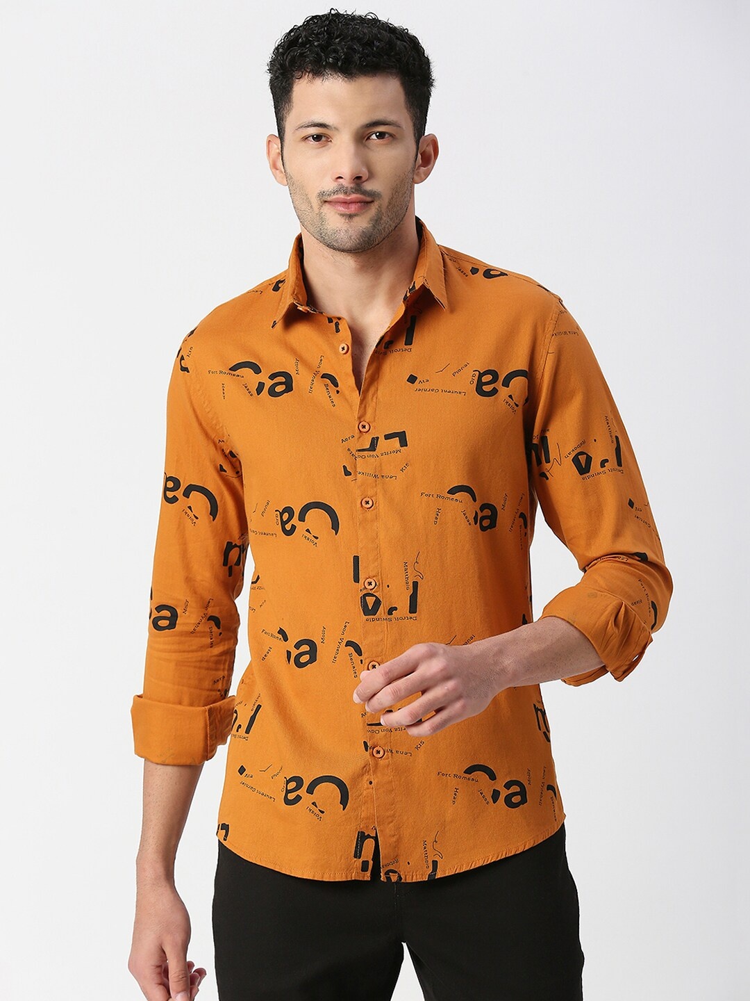 

SNX Tailored Fit Typography Printed Pure Cotton Casual Shirt, Mustard