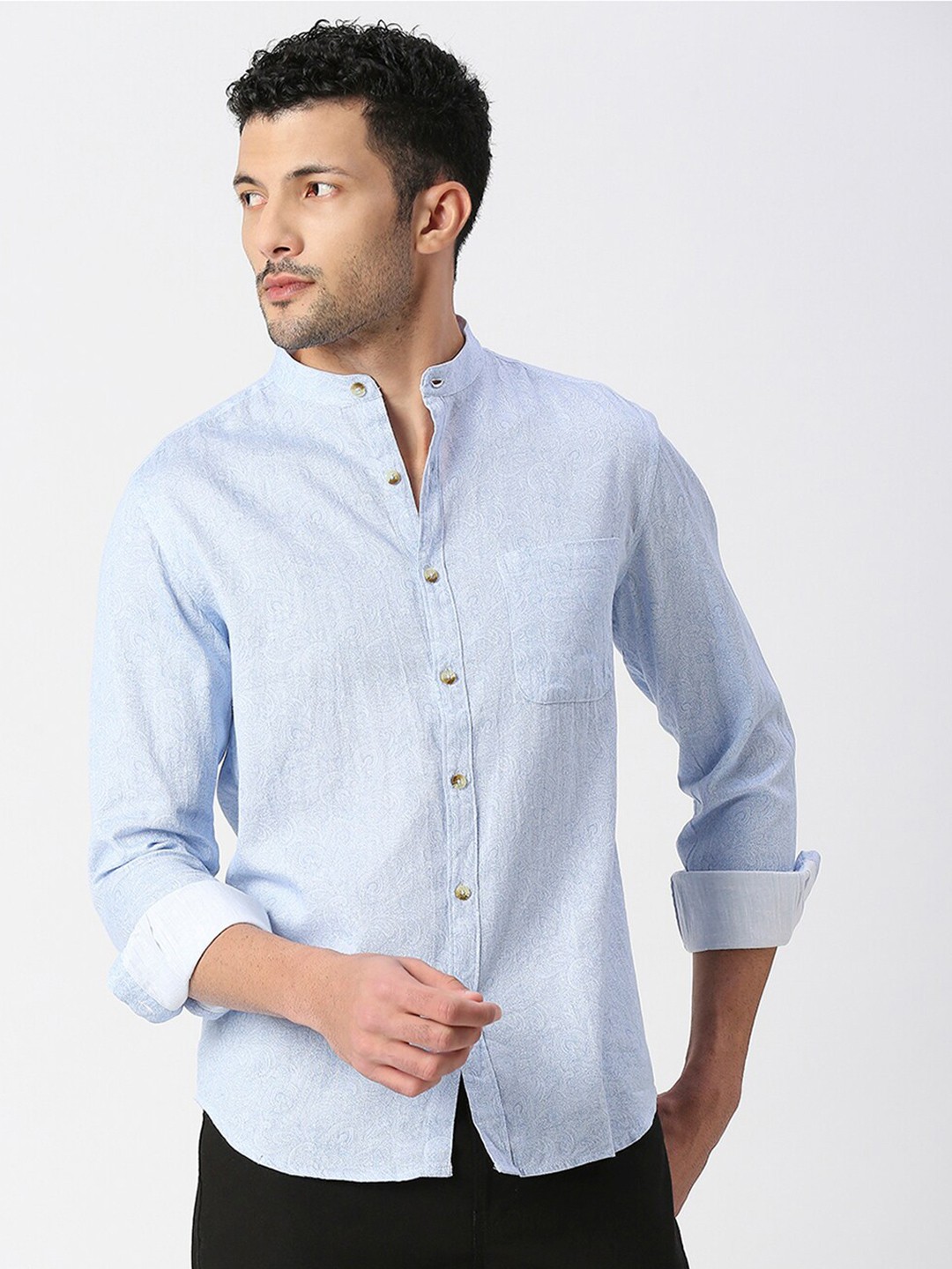 

SNX Tailored Fit Band Collar Pure Cotton Casual Shirt, Blue