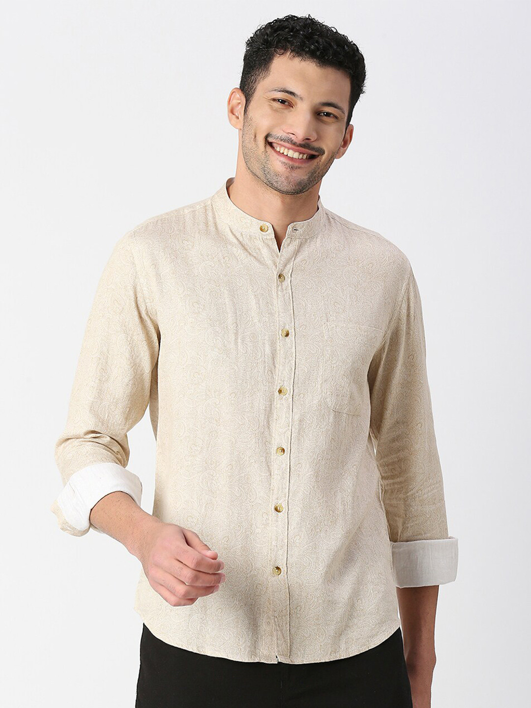 

SNX Tailored Fit Band Collar Pure Cotton Casual Shirt, Beige