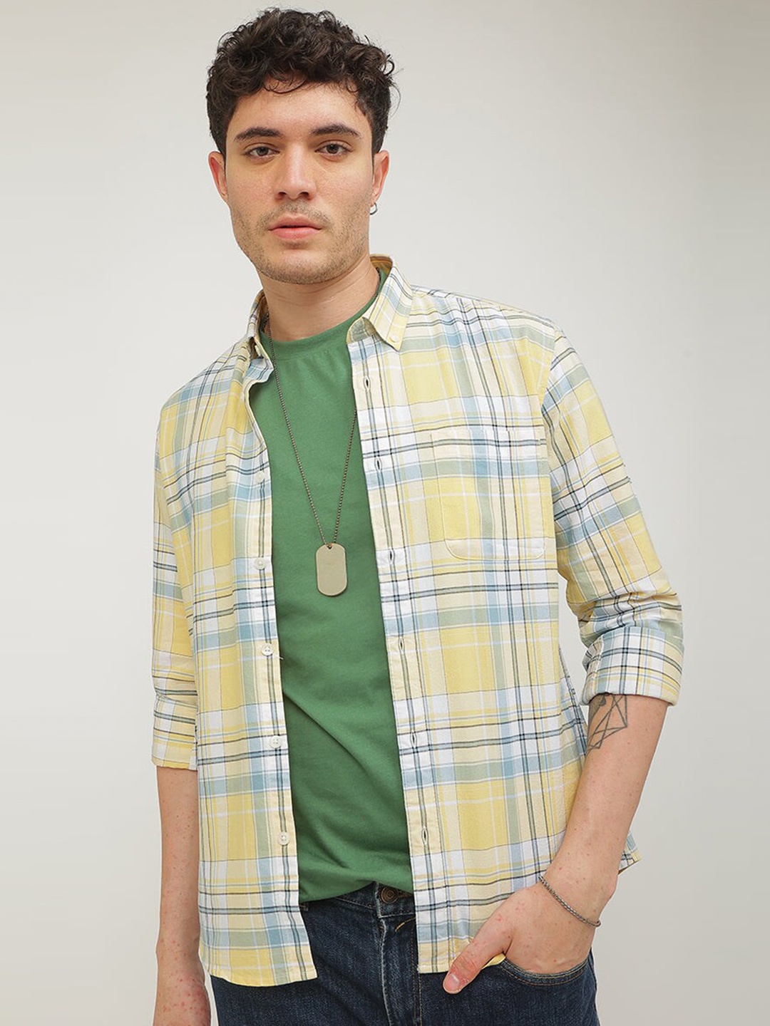 

Snitch Yellow Tartan Checks Checked Classic Slim Fit Cotton Casual Shirt