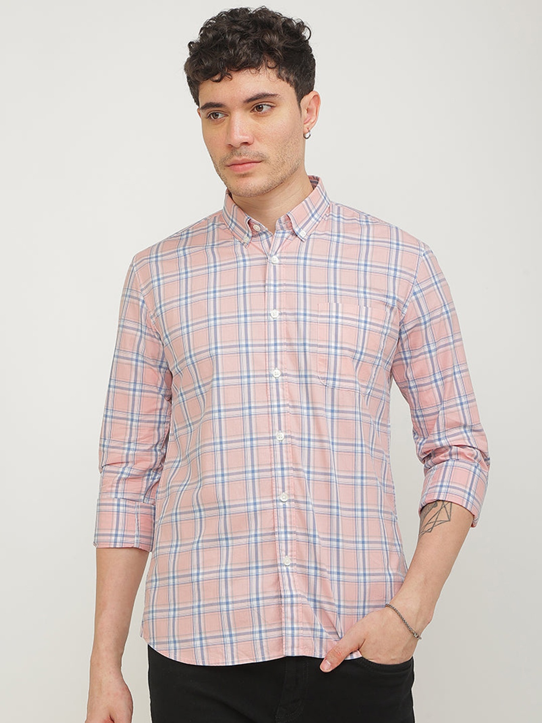 

Snitch Peach-Coloured Classic Slim Fit Windowpane Checked Pure Cotton Casual Shirt