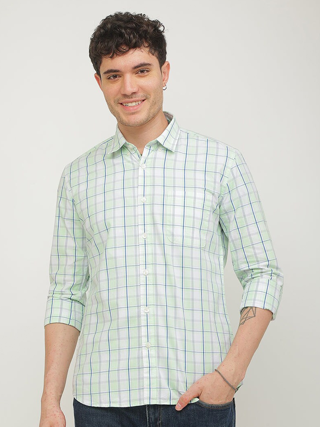 

Snitch Green Tartan Checks Checked Classic Slim Fit Cotton Casual Shirt