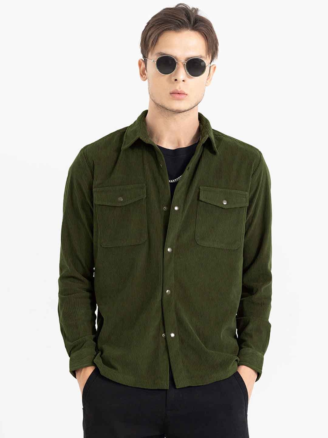 

Snitch Men Olive Green Classic Slim Fit Opaque Spread Collar Cotton Casual Shirt