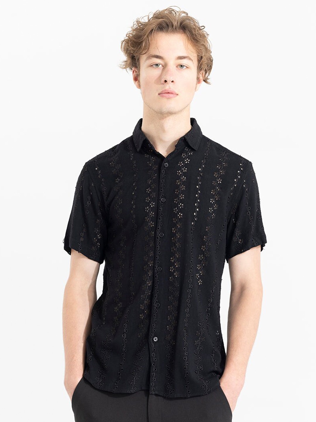 

Snitch Black Self Design Classic Slim Fit Cotton Casual Shirt