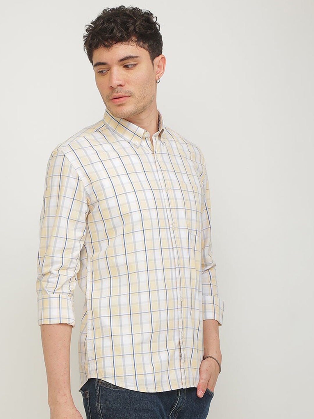 

Snitch Beige Checked Classic Slim Fit Cotton Casual Shirt