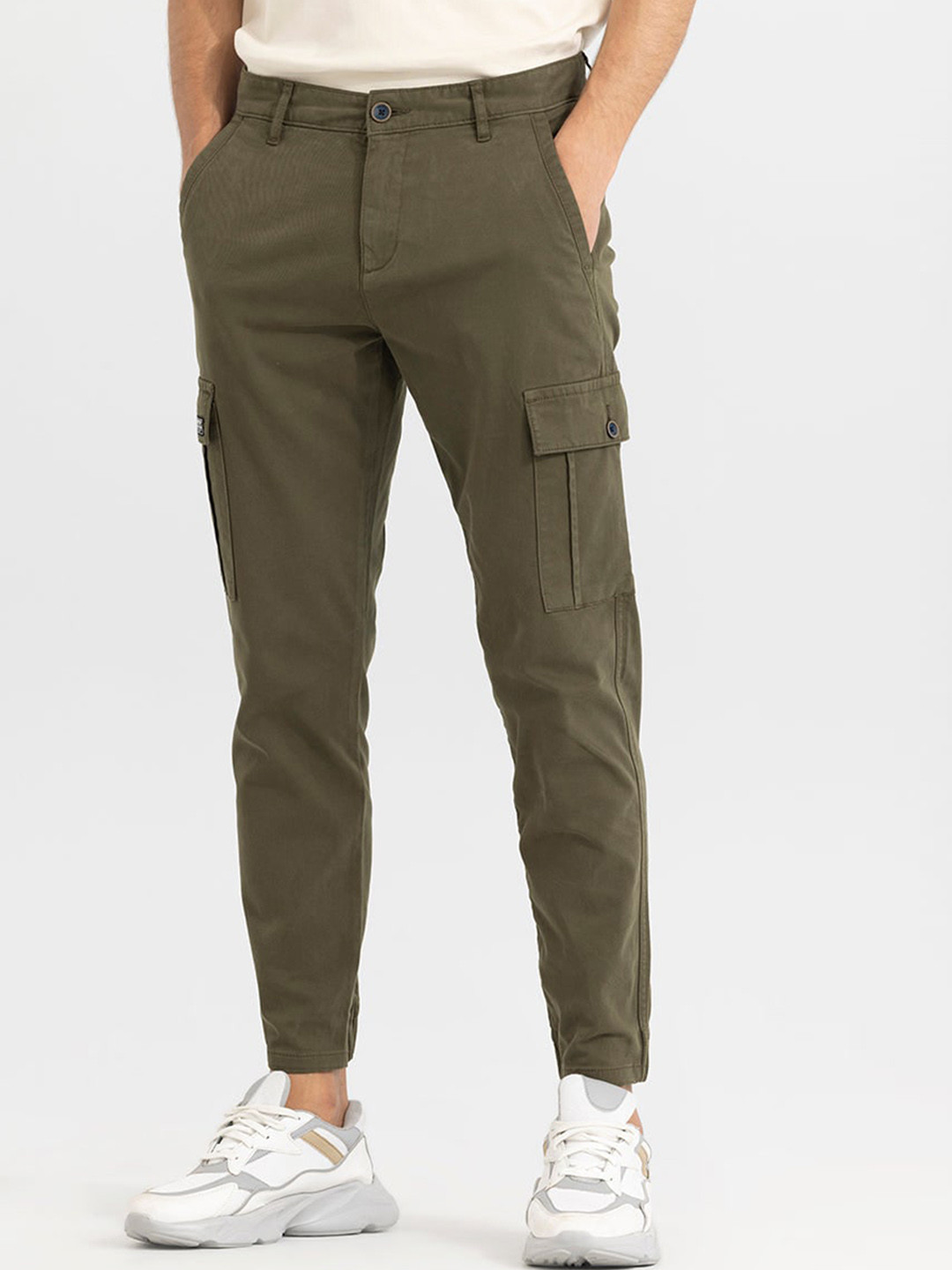 

Snitch Men Olive Green Smart Slim Fit Cargo Trousers