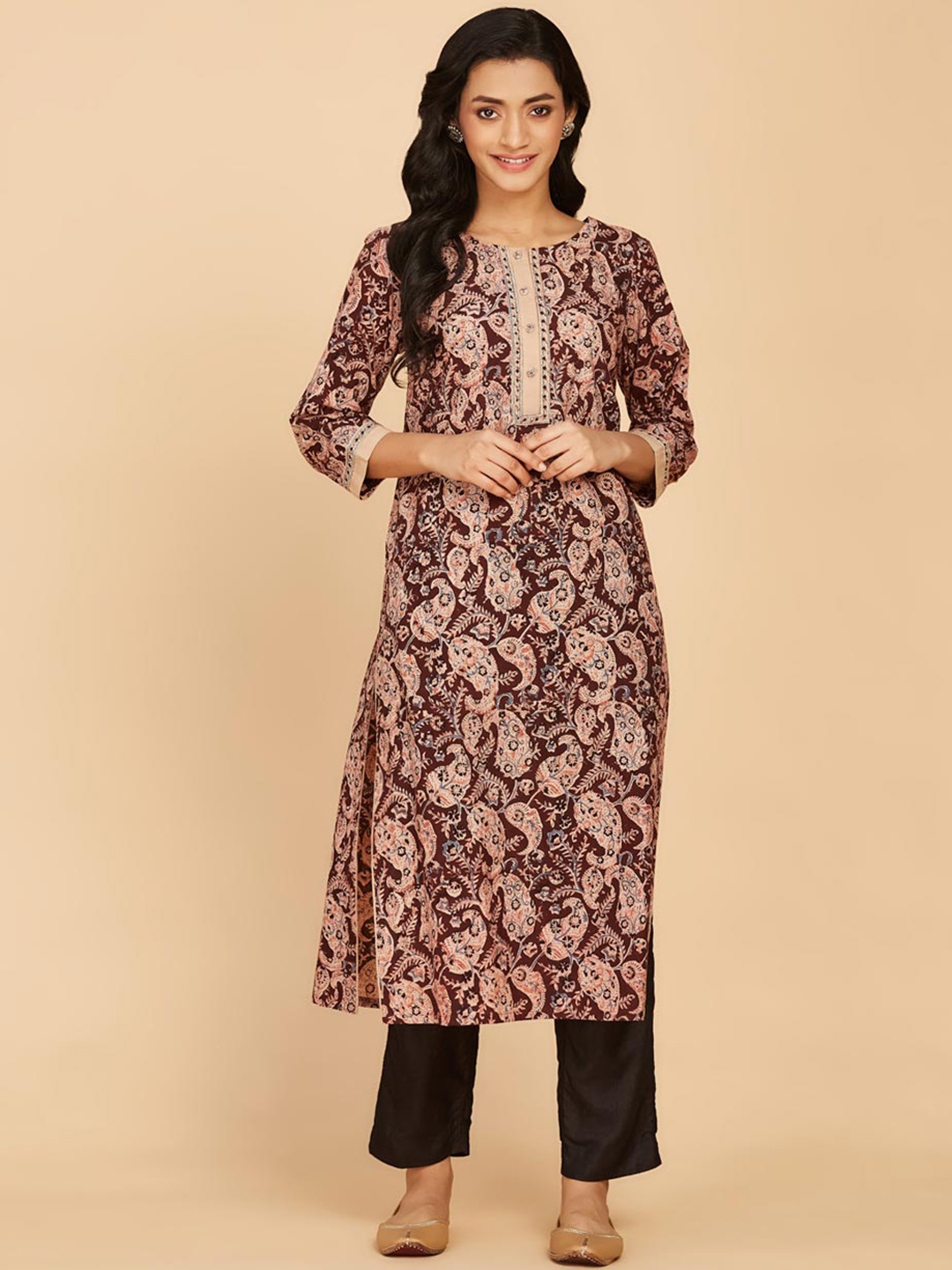 

Fabindia Paisley Printed Notched Neck Cotton Straight Kurta, Maroon
