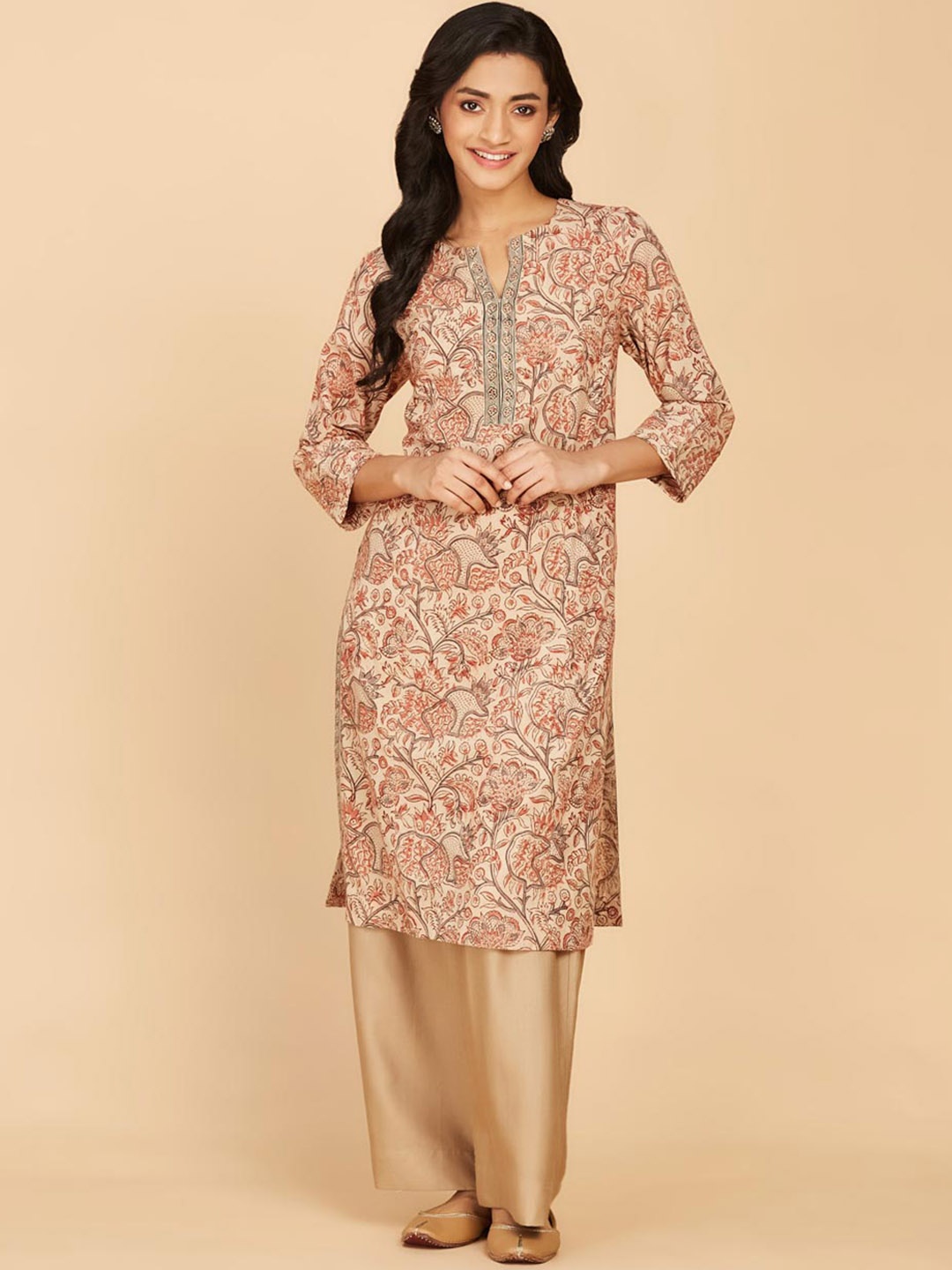 

Fabindia Ethnic Motif Printed Notched Neck Cotton Straight Kurta, Beige