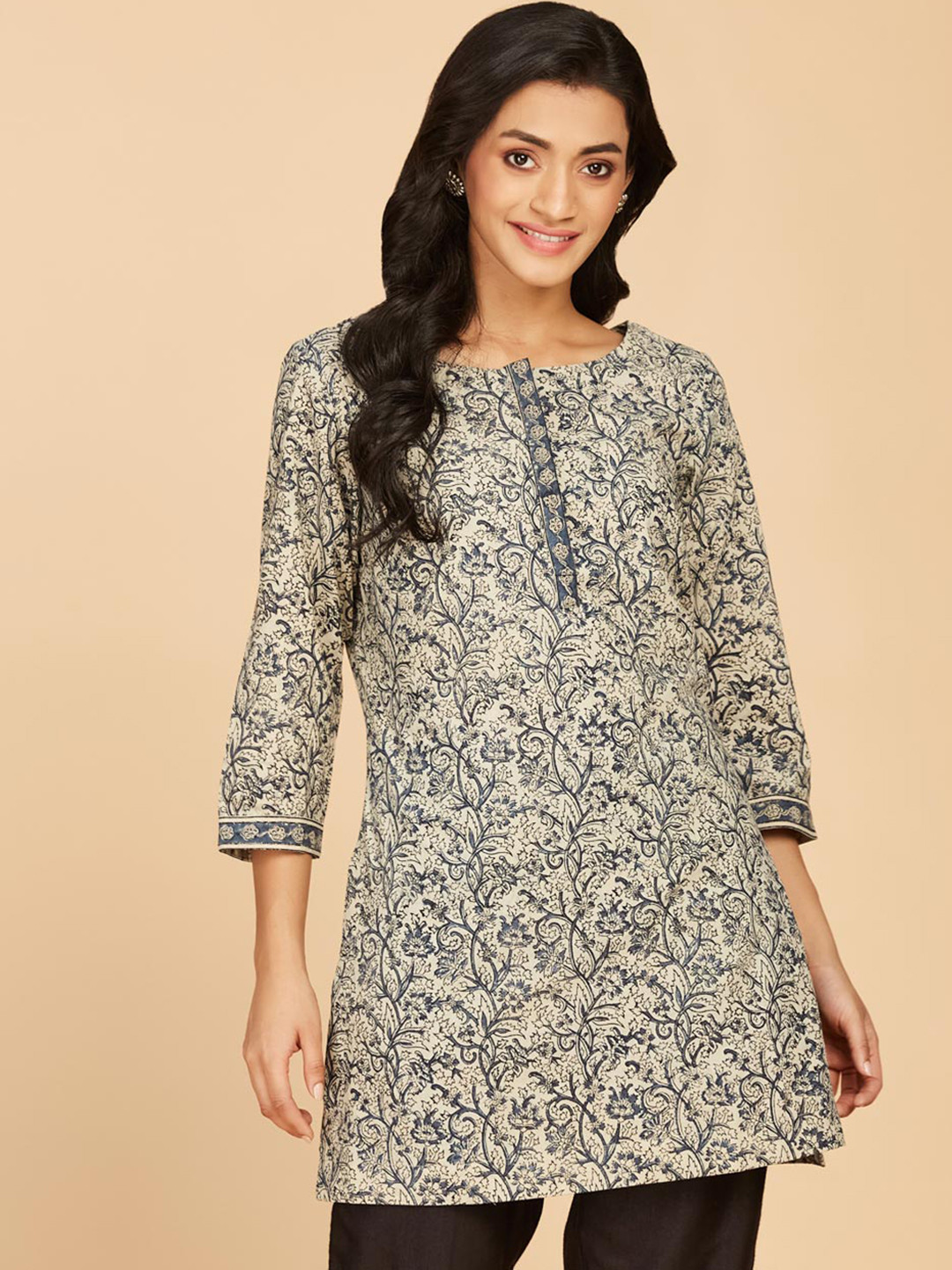 

Fabindia Ethnic Motifs Printed Cotton Kurta, Beige